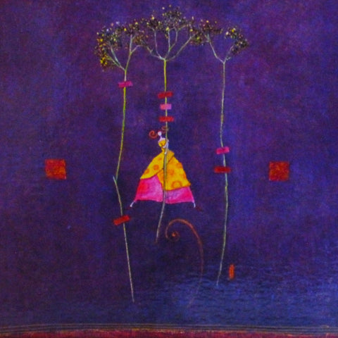 art card with envelope France girl in trees purple background