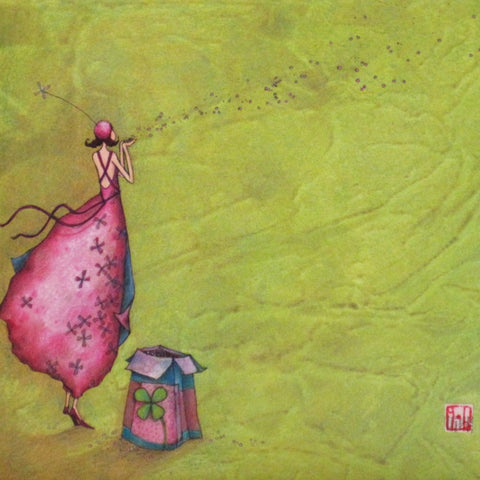 Art card France Gaelle Boissonnard girl in pink blowing confetti hearts on green background