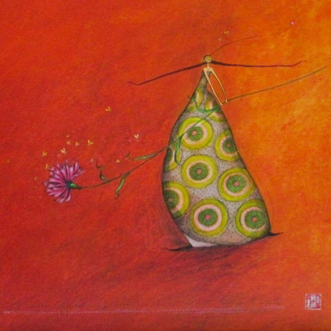 art card with envelope France girl with large flower orange background