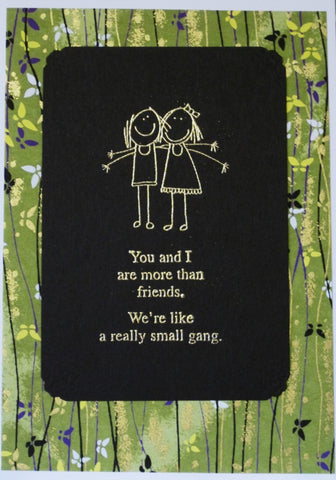 Handmade card 2 girls and funny words embossed in gold japanese chiyogami paper background