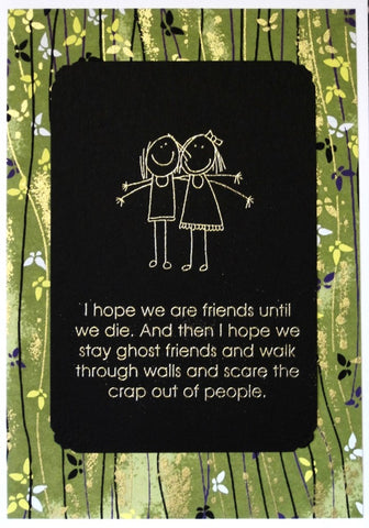 handmade greeting card embossed design of girls and words in gold on green chiyogami flowered paper