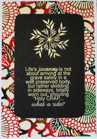 Handmade card gold-embossed spiral and funny words background of green & red on white using vegetable dyes