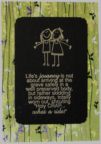 Handmade card gold embossing 2 girls funny words Japanese paper