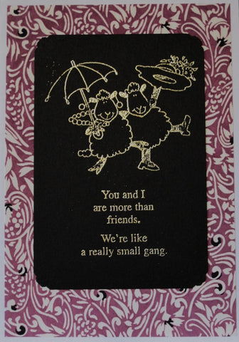 Handmade card two dancing sheep funny words gold embossed with chiyogami paper white vines on lavender