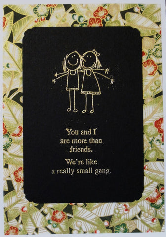 Handmade card gold embossed 2 girls and funny words background chiyogami paper green leaves outlined in gold