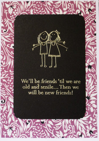 Handmade card 2 girls funny words gold-embossed background Japanese paper chiyogami white vines on lavender