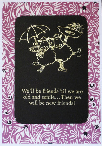 Handmade card 2 dancing sheep funny saying gold-embossed front background of Japanese paper white vines on lavender