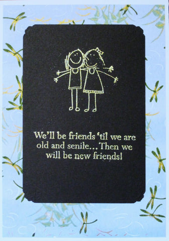 Handmade card gold-embossed two girls funny words dragonflies on background chiyogami paper