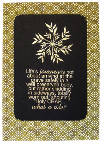 Handmade card gold-embossed spiral funny words background Japanese paper using vegetable dyes olive green