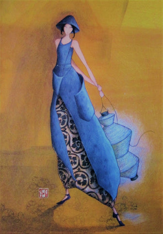 softcover notebook 6 x 8 inches 48 lined-pages, cover figure girl with lantern background golden umber variations