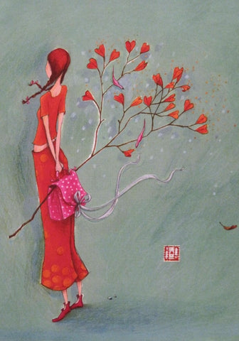 6 x 8 inch journal cover showing a girl in orange holding a pink gift bag with a branch of heart-shaped flowers, aqua background