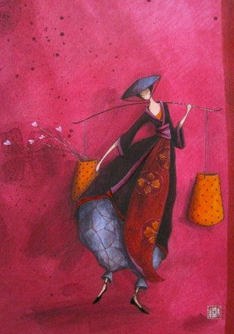 6 x 8 inch 48-page lined journal cover shows girl in black/brown kimono on rose-red background