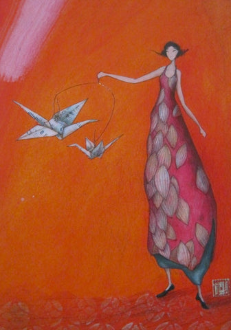 front cover 6 x 8 inch 48-page lined journal girl holding crane mobile orange background