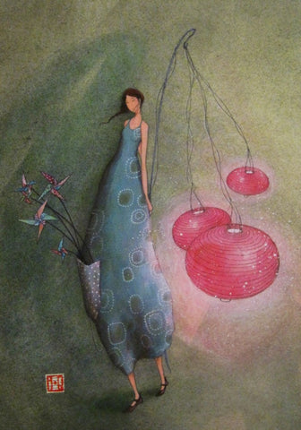 large journal soft cover showing a girl in blue carrying three lanterns, light green-blue background.