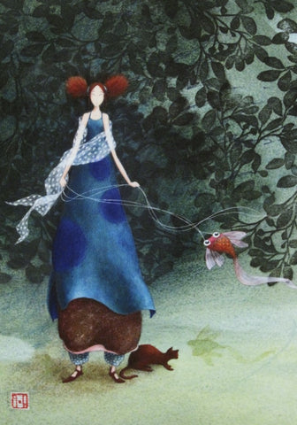 small journal cover of girl with koi fish and cat
