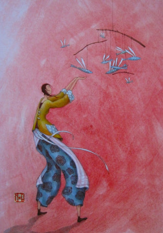 6 x 8 inch 48-page lined journal cover of girl with flying fish moble on pastel blush background