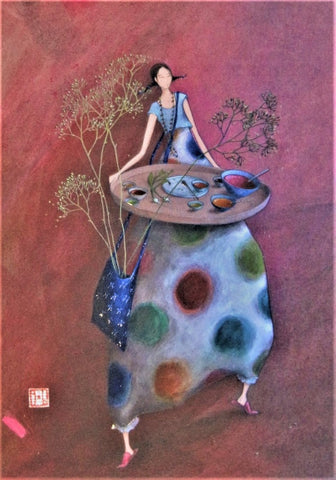 softcover notebook 6 x 8 inches 48 lined-pages girl in polka dot dress on wine-colored background