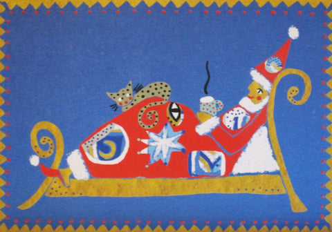 Santa lying on couch cat on tummy France Helga greeting card envelope