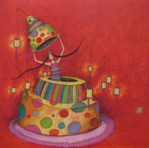 Gaelle Boissonnard birthday card multicolour girl cake red background blank inside square