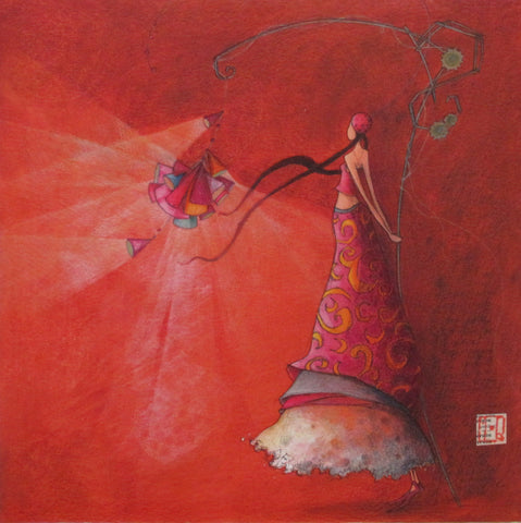 Gaelle Boissonnard any occasion card girl in orange crimson orange background blank inside square
