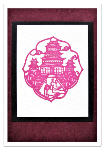 red temple scene handmade card Chinese papercut