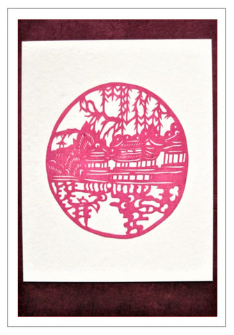 red temple scene handmade card Chinese papercut