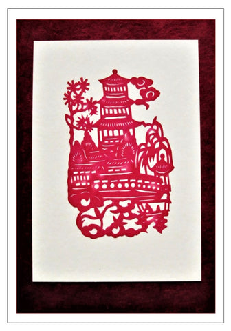 red temple scene handmade card Chinese papercut