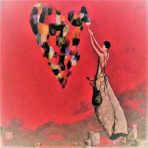 French artist Gaelle Boissonnard greeting card showing a girl painting a large multi-colored heart on a red background.