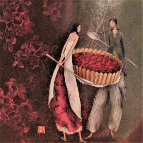 French artist Gaelle Boissonnard greeting card of two figures holding spoons with a heart-filled treat before them. Overall colors pink and green-grey.