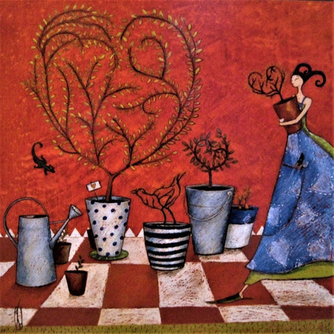 Gaelle Boissonnard Art Card Girl in Blue carrying garden pot on red-checked background