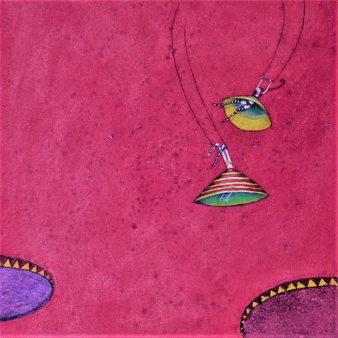 Gaelle Boissonnard Art Card two girls swinging on trapeze on red-pink background