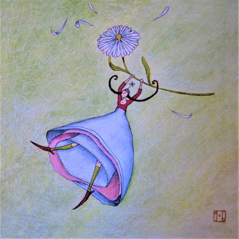 Gaelle Boissonnard Art Card woman floating with daisy flower on light green background