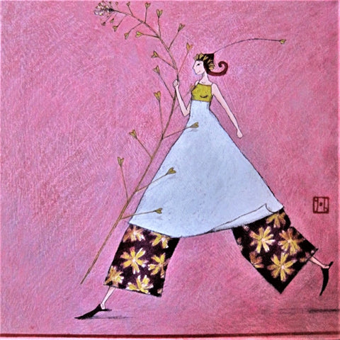 Gaelle Boissonnard Art Card girl in white top, flowered pants holding large flower on pinkish background 