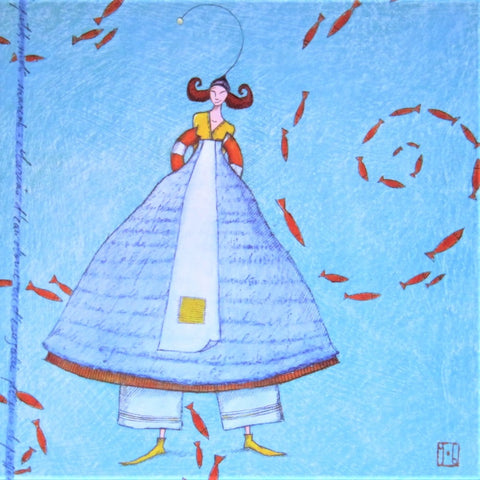 Gaelle Boissonnard Art Card girl in blue, orange fish swimming on aqua blue background