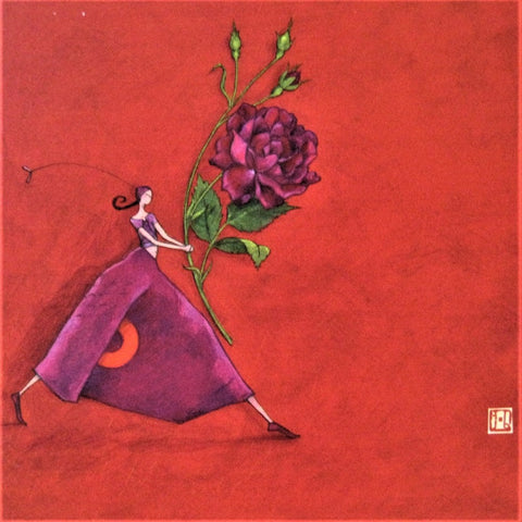 Gaelle Boissonnard Art Card girl in purple holding large rose on flame red background