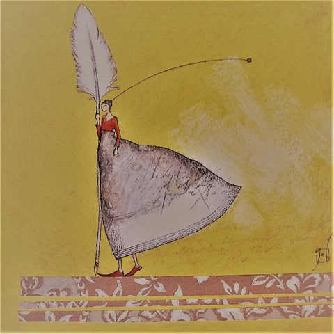 Gaelle Boissonnard Art Card girl holding large feather on yellow background