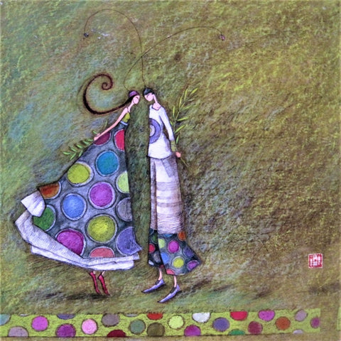 Gaelle Boissonnard Art Card wedding card two colorfully-dressed people facing each other on green background