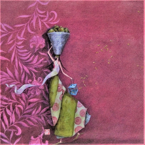 Gaelle Boissonnard Art Card woman in green dress with basket of fruit on head, carrying a lantern of fireflies, on pink-rose background
