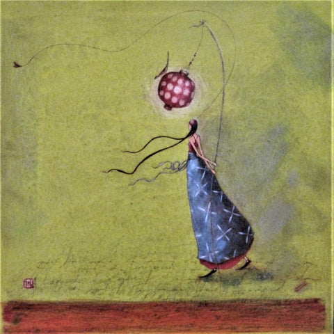 Gaelle Boissonnard Art Card woman in grey dress holding a red Chinese lantern on a green background