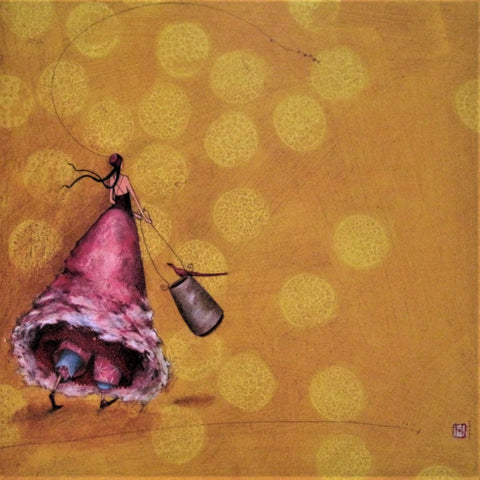 Gaelle Boissonnard Art Card woman in pink holding basket on golden-yellow background