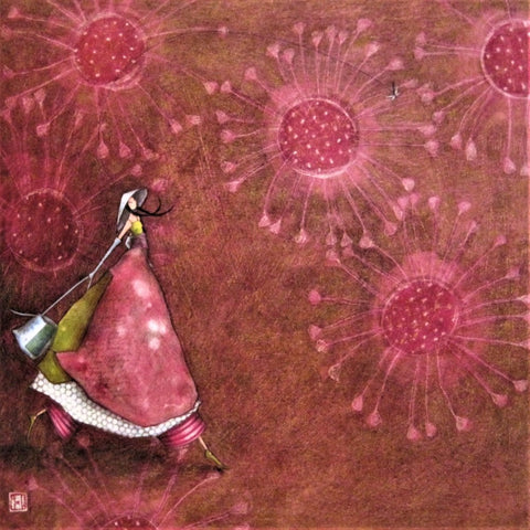 Gaelle Boissonnard Art Card woman in pink swinging a bag on a pink background with flowery starburst design