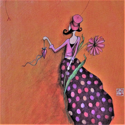 Gaelle Boissonnard Art Card young woman in polka-dot dress holding a flower and a heart, orange background