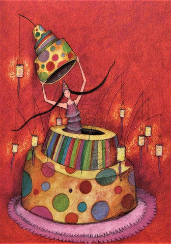 Very large Gaelle Boissonnard greeting card girl jumping out of colorful birthday cake