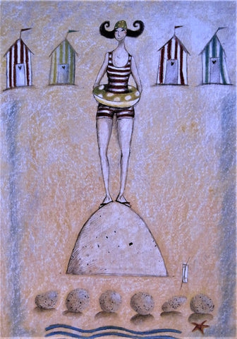 Gaelle Boissonnard greeting card girl in bathing suit standing on rock on beach sandy yellow background