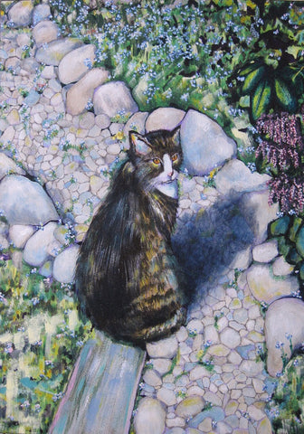 Pam Young art card kitty in a garden blank card 5 x 7 in 12 x 18 cm