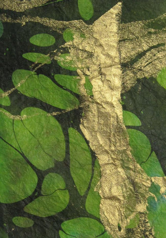 Marbled mulberry paper from Thailand, gold metallics on green blue background