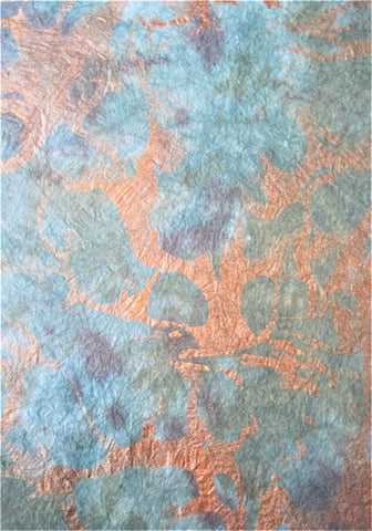 Marbled mulberry paper from Thailand, copper metallics on shades of blue green purple