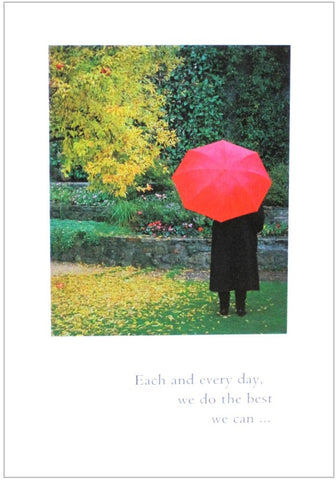 Greeting card red umbrella held by person in garden white background with words