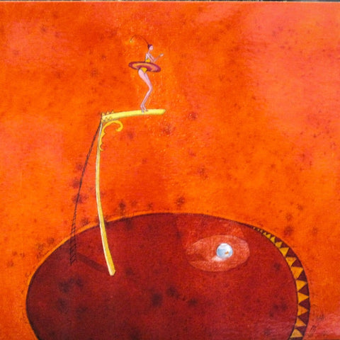 art card with envelope, circus performer diving into fishbowl, orange background, Gaelle Boissonnard France
