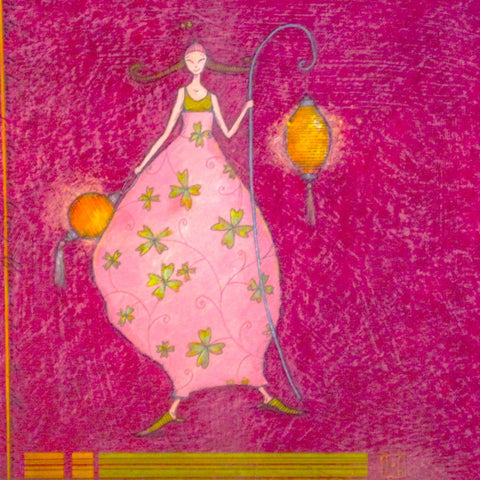 art card with envelope France girl holding lanterns rose-pink background